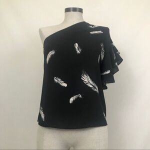 Trouve one shoulder blouse feather print ruffle